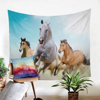 Dreamcatcher horse tapestry with three wild horses, multicolor print