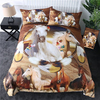 Native horses bedding set with white horse portrait and multiple horse print pillows