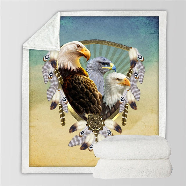 White throw blanket with watercolor bald eagles in oval frame