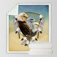 White throw blanket with watercolor bald eagles in oval frame