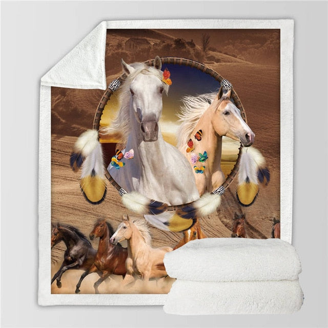 Horses printed throw blanket with two white horses and colorful butterflies, multicolor scene