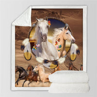 Horses printed throw blanket with two white horses and colorful butterflies, multicolor scene
