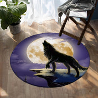 Round carpet with purple background showing a black wolf standing under a large moon