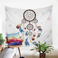 Dreamcatcher watercolor tapestry with blue feather dangles and smaller dream rings, floral sprigs
