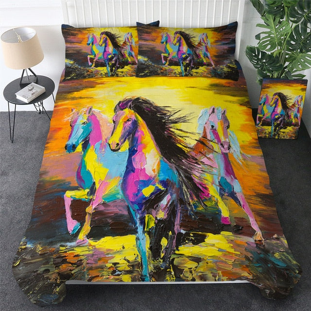 Colorful horse bedding set with neon paint-style horse figures on bright yellow
