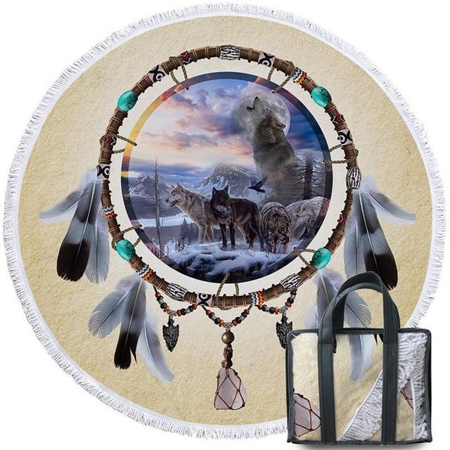 Round beach towel with wolf dreamcatcher scene, feather fringe, and tote bag