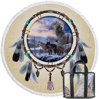 Round beach towel with wolf dreamcatcher scene, feather fringe, and tote bag
