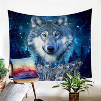 Blue night wolf pack tapestry, wolf face with starry background and clustered pups