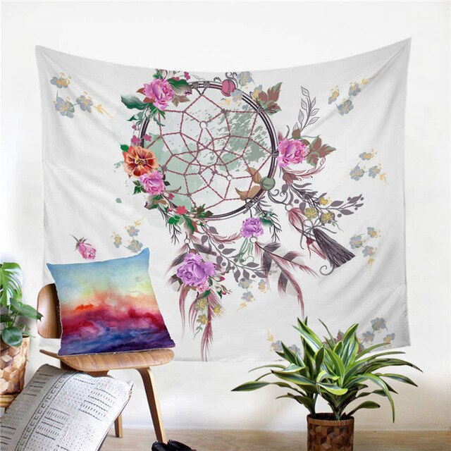 Floral watercolor dreamcatcher tapestry with pink blossoms and vine-like leaves on white