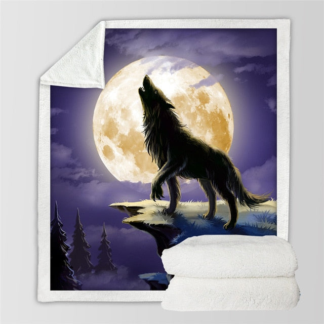 Sherpa blanket with black wolf standing on moonlit hill; white plush sherpa backing.