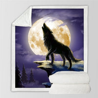 Sherpa blanket with black wolf standing on moonlit hill; white plush sherpa backing.