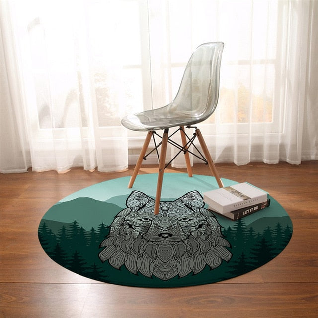 Round wolf carpet with teal background and gray wolf head above a forest border