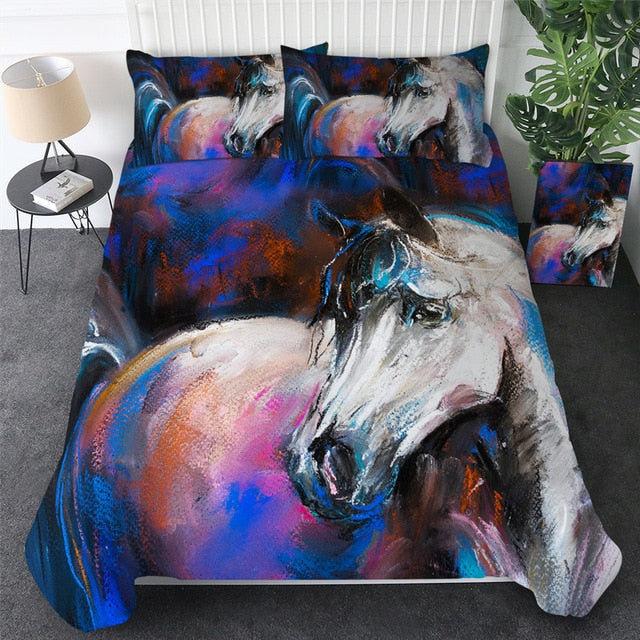 Horse bedding set with white horse center and blue-purple abstract brush accents