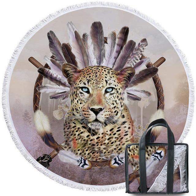 Round beach blanket towel with leopard dreamcatcher face and feather fan center