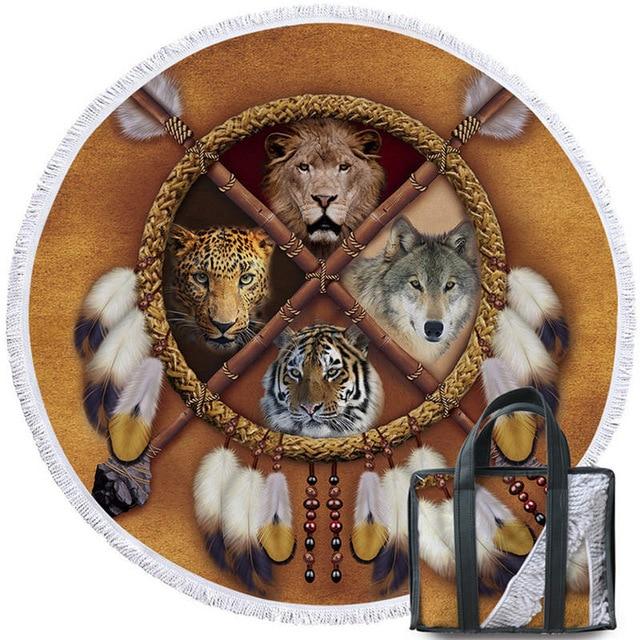 Round beach towel with wolves, leopard, tiger, and gray wolf dreamcatcher animals