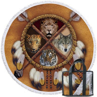 Round beach towel with wolves, leopard, tiger, and gray wolf dreamcatcher animals