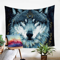 Close-up wolf tapestry in blue and black with golden moon emblem, multicolor print