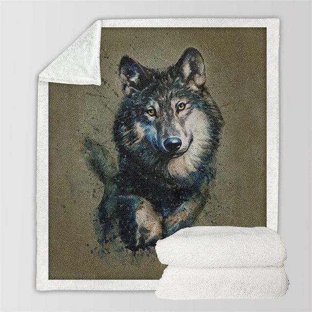 Sherpa blanket featuring a blue-black wolf face with yellow eyes; white plush sherpa.