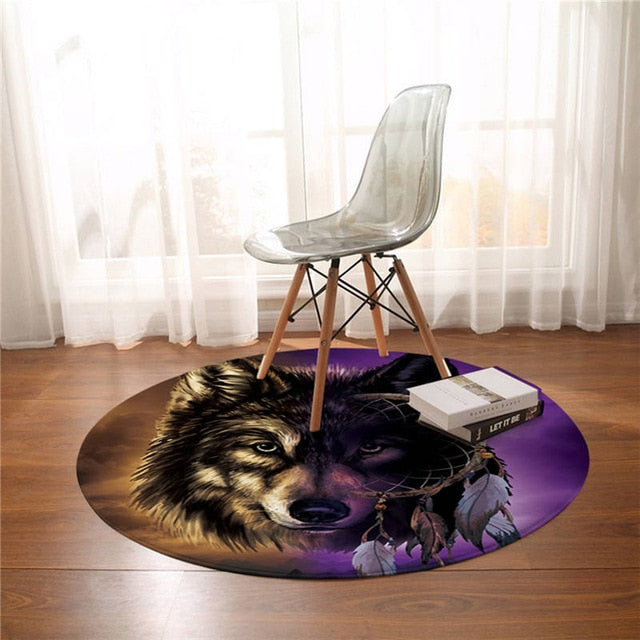 Round wolf portrait rug with multicolor fur and purple accents, dark border pattern