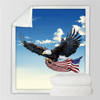 White throw blanket with black eagle spreading wings and red-white striped motif