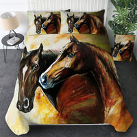 Horse bedding set with chestnut and black horses on warm cream and orange background
