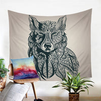 Line-art wolf tapestry, black tribal wolf head with feathered headdress on light fabric