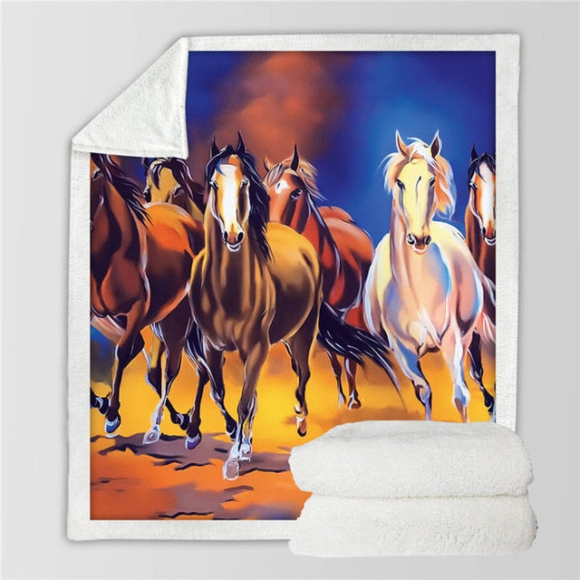 Horses printed throw blanket showing a group of running horses in warm sunset tones