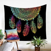 Colorful feather dreamcatcher tapestry with stacked semicircle patterns on a dark background