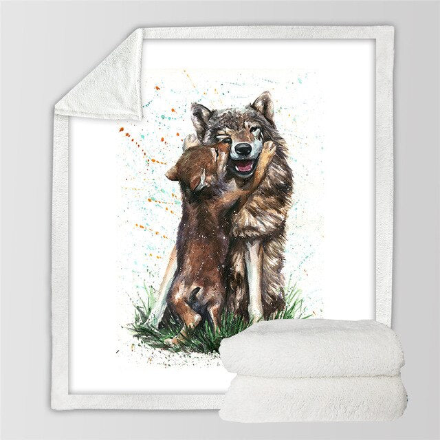 Sherpa blanket with printed brown wolf and green grass accents, multicolor artwork