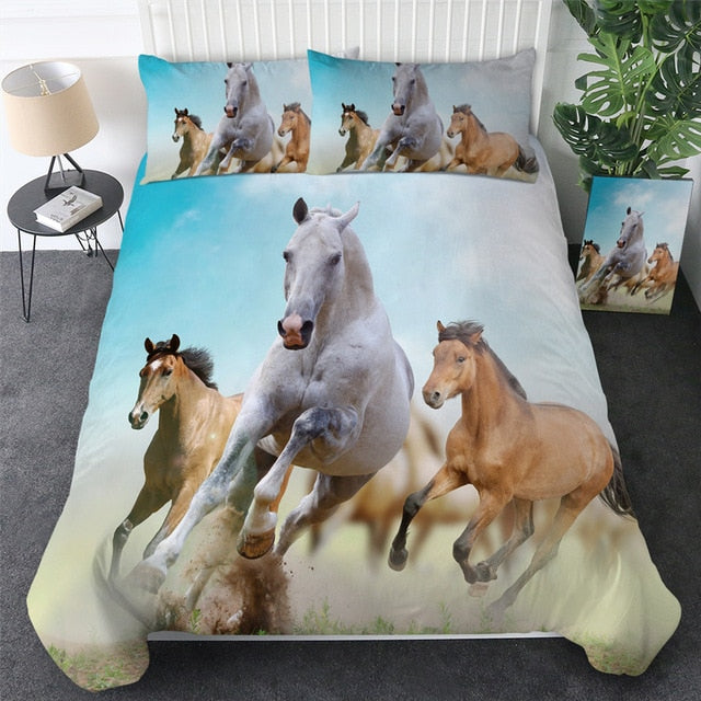Horse bedding set with trio of running horses in light blue sky tones