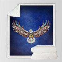 Soft throw blanket with multicolor feathered eagle centered on dark blue sky print
