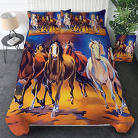 Horse bedding set with galloping herd in blue and orange desert colors