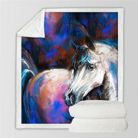 Close-up white horse face throw blanket with blue and purple abstract background