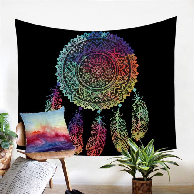 Ornate rainbow mandala dreamcatcher tapestry with feather fringe on a dark background
