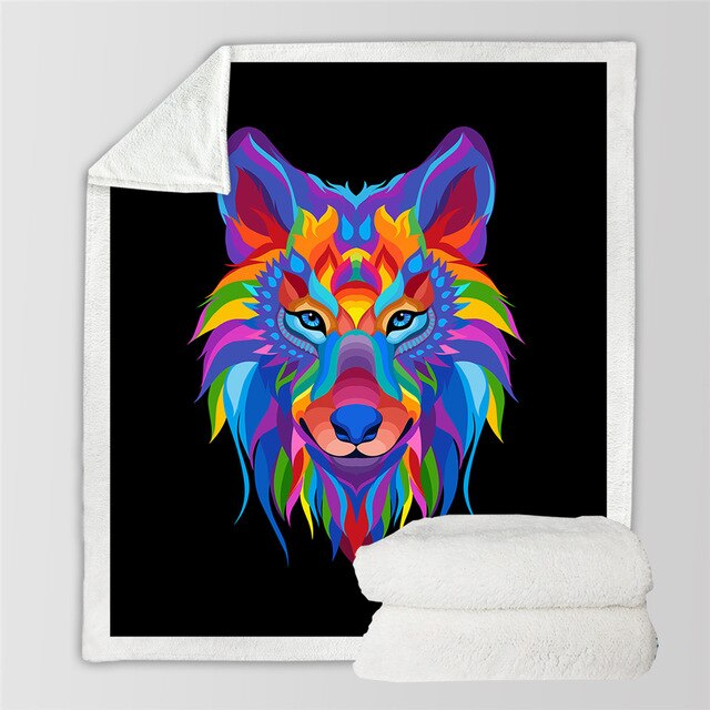Sherpa blanket with printed colorful wolf face in neon tones, multicolor artwork