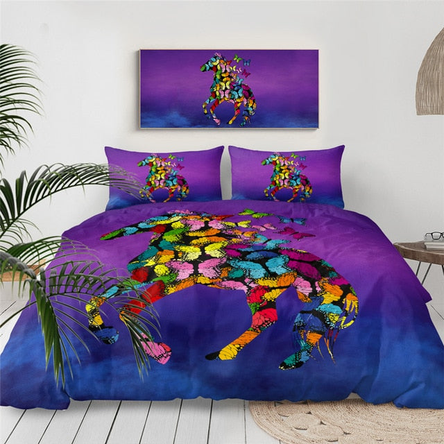 Multicolor horses bedding set with stylized horse silhouettes on vivid purple