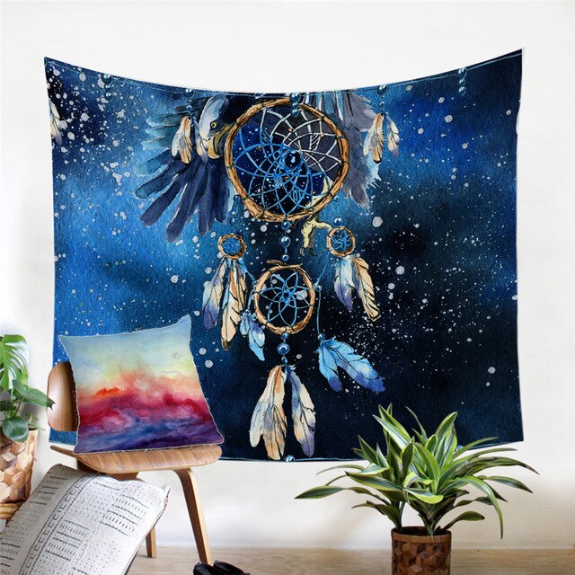 Blue watercolor dreamcatcher tapestry with circular hoop, feathers, and small star-like dots