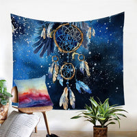 Blue watercolor dreamcatcher tapestry with circular hoop, feathers, and small star-like dots