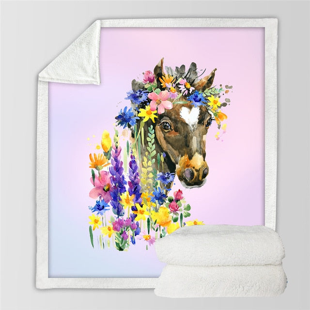 Horses printed throw blanket with a horse portrait surrounded by colorful flowers