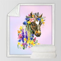 Horses printed throw blanket with a horse portrait surrounded by colorful flowers
