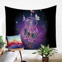 Purple gradient dreamcatcher tapestry with circular hoop, feathers, and butterfly accents
