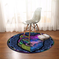 Round wolf rug with colorful mandala border and blue-purple wolf face center