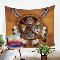 Dreamcatcher animal tapestry: lion, tiger, leopard, bear in multicolor