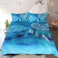 Blue king dreamcatcher bedding set with turquoise circular and feather designs
