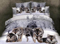 Snowy wolf pack duvet with matching pillow panels, multicolor bedding set