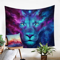 Centered wolf head tapestry print in blue and purple tones with bright eye glow