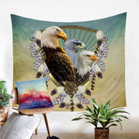 Eagle dreamcatcher tapestry with two bald eagles and feathered dreamcatcher ring, teal design