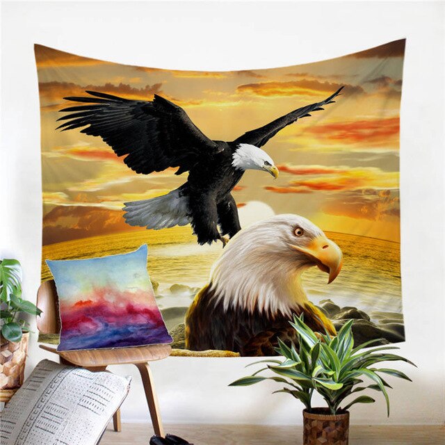 Eagle dreamcatcher tapestry with soaring eagle and bald eagle, sunset sky scene print