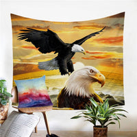 Eagle dreamcatcher tapestry with soaring eagle and bald eagle, sunset sky scene print