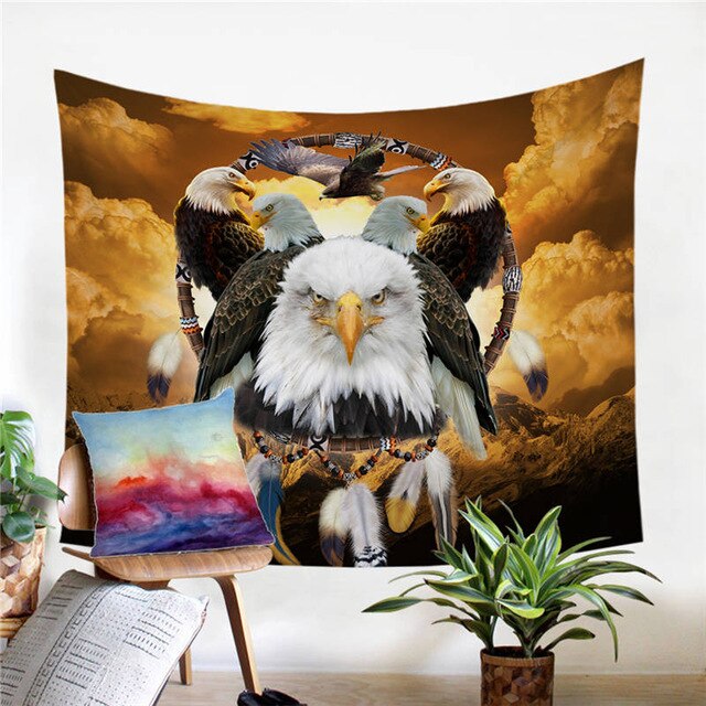 Eagle dreamcatcher tapestry with central eagle head and flanking eagles, golden-cloud print